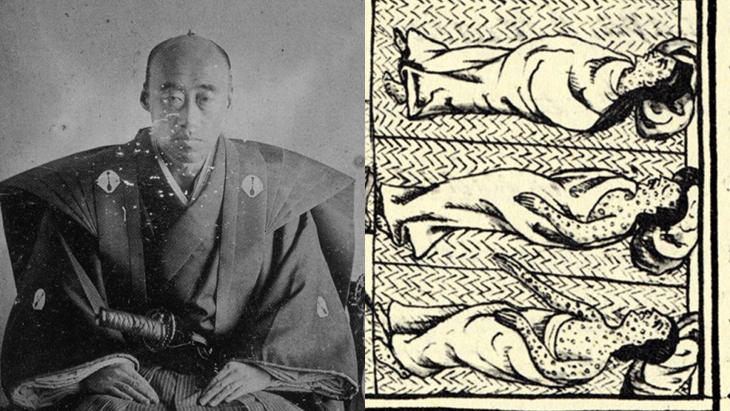 Photo of Dr. Soken Narabayashi along with woodblock prints showing patients inflicted with smallpox lesions, Image Sourced from Excite