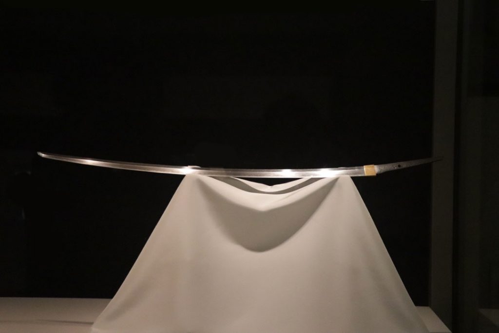 One of the five sacred samurai swords of Japan, the beautiful Mikazuki Munechika, on display