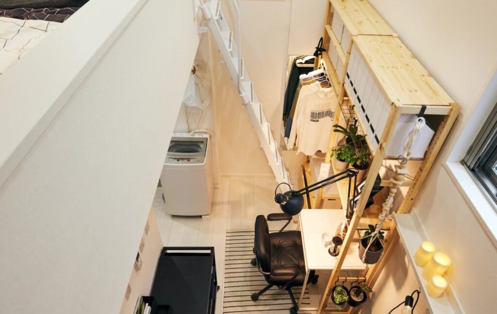 Looking down from the loft at an example of a tiny home for the new Ikea Japan campaign. 