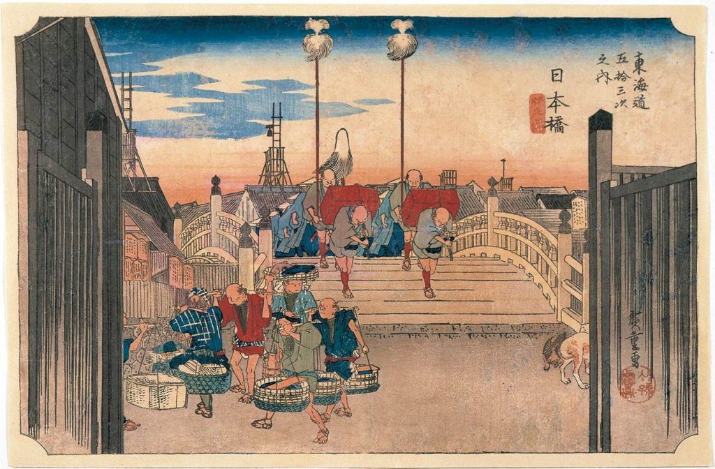Ukiyoe woodblock print by Hiroshige Utagawa depicting Edo Period fashion